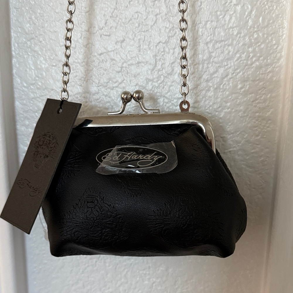 Ed Hardy Black Leather Clutch with Silver Hardware